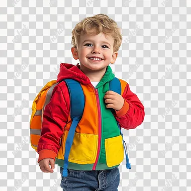 a cute kid wearing colourful outift, showing his backpack in their hand, happy expression, low angle shot, hyper relistic, high quality photo, detailed, on white background