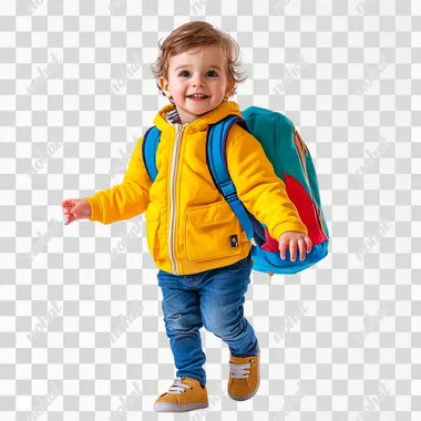 a cute kid wearing colourful outift, showing his backpack in their hand, happy expression, low angle shot, hyper relistic, high quality photo, detailed, on white background
