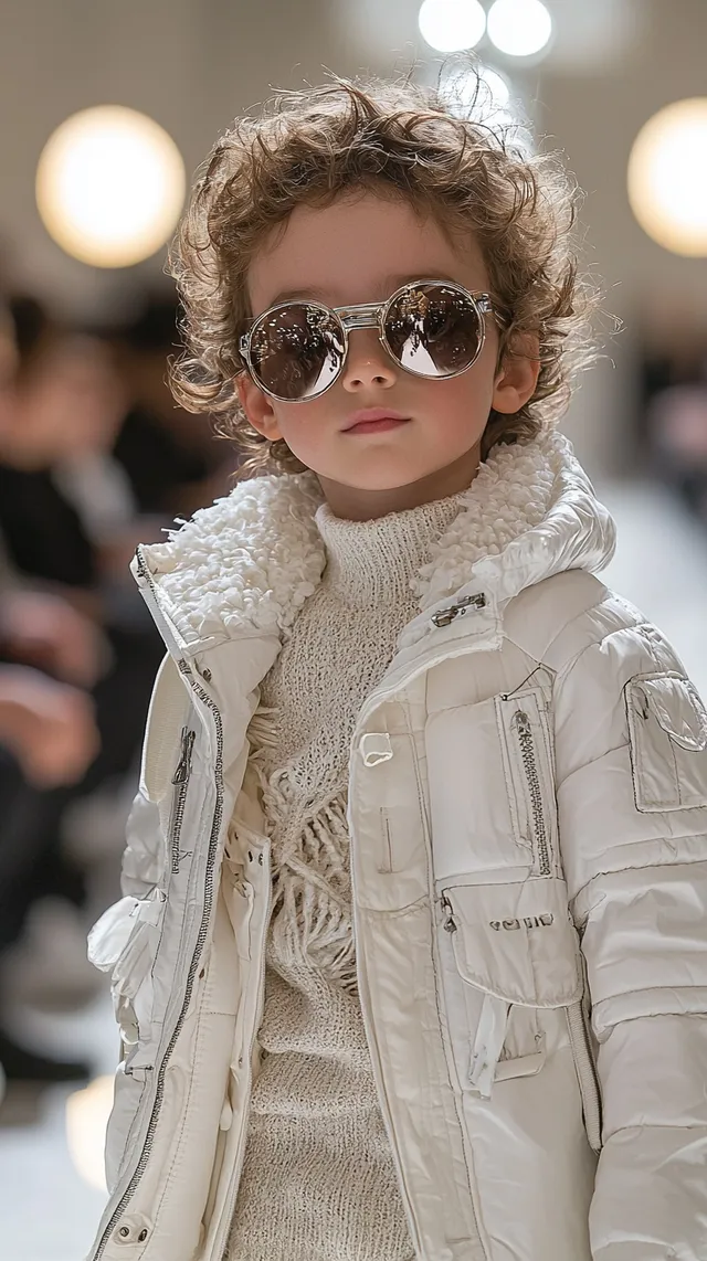 Handsome 1-Year-Old Boy Model in White Coat and Sunglasses on Catwalk