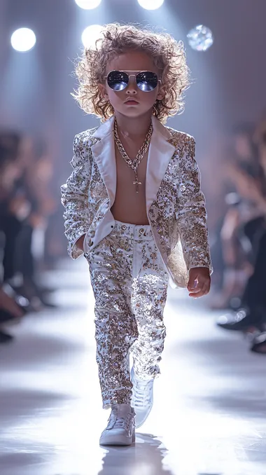 Handsome 1 year old boy model wearing 2024 boys fashion and sunglasses, the kid looks like Thomas Cruise. Walking the catwalk at the Jean Paul Gaultier and Balenciaga inspired fashion shows. Full body shot. The white floor was illuminated by studio lights and spotlights, with audience members seated on either side of the catwalk in the background. The whole scene is completely realistic. High-quality, ultra-realistic fashion photography images, 4k ultra-high resolution, professional photography, ultra-realistic, full body, wide-angle lens.   --s 750
