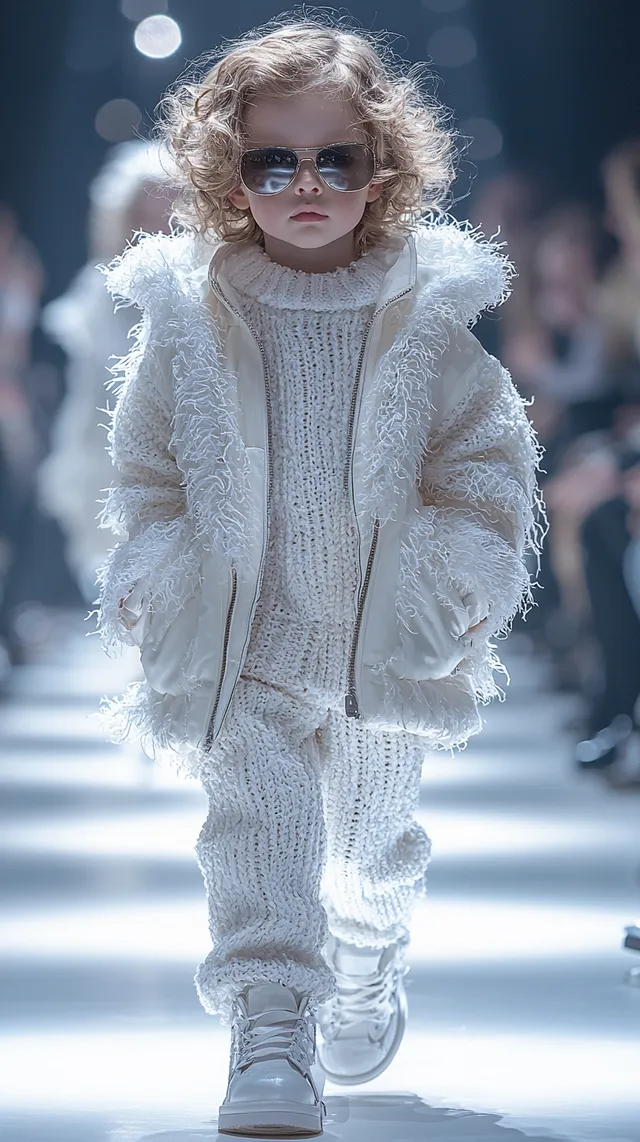 Little girl in white outfit struts runway at high-fashion show