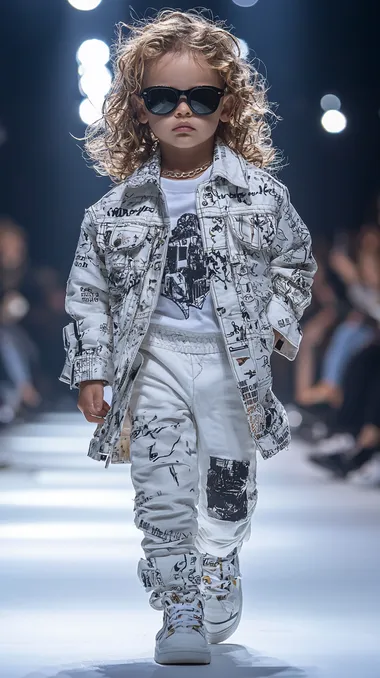 Handsome 1 year old boy model wearing 2024 boys fashion and sunglasses, the kid looks like Thomas Cruise. Walking the catwalk at the Jean Paul Gaultier and Balenciaga inspired fashion shows. Full body shot. The white floor was illuminated by studio lights and spotlights, with audience members seated on either side of the catwalk in the background. The whole scene is completely realistic. High-quality, ultra-realistic fashion photography images, 4k ultra-high resolution, professional photography, ultra-realistic, full body, wide-angle lens.   --s 750