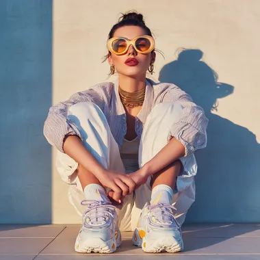 A woman with oversized sunglasses, sneakers,