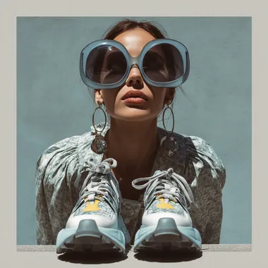 A woman with oversized sunglasses, sneakers,