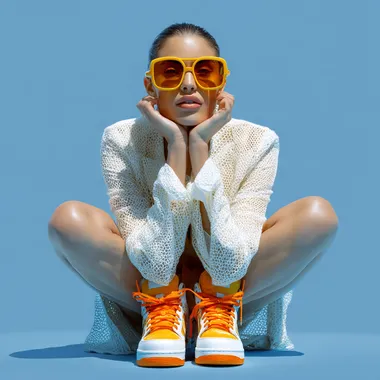 A woman with oversized sunglasses, sneakers,