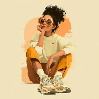 A woman with oversized sunglasses, sneakers,