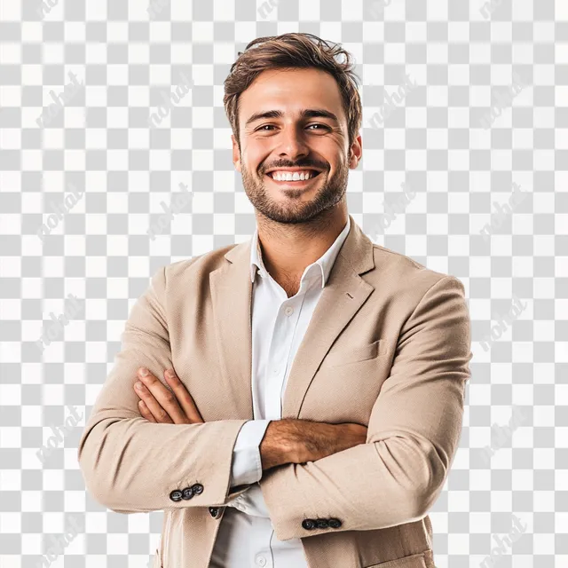 PNG Happy accountant in neutral blazer, arms crossed, isolated on white
