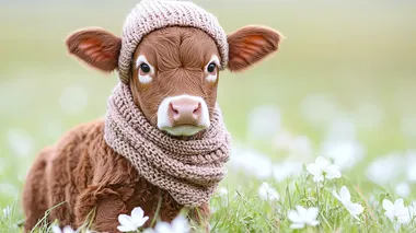 Highland cattle calf wearing knitted scarf and hat posing Delicate white flowers blooming in spring grass on white background Mocha Mousse color of year blurred background Stockphoto a copy space on the right side  colors