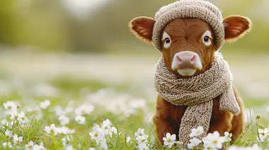 Highland cattle calf wearing knitted scarf and hat posing Delicate white flowers blooming in spring grass on white background Mocha Mousse color of year blurred background Stockphoto a copy space on the right side  colors
