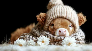 Highland cattle calf wearing knitted scarf and hat posing Delicate white flowers blooming in spring grass on white background Mocha Mousse color of year blurred background Stockphoto a copy space on the right side  colors