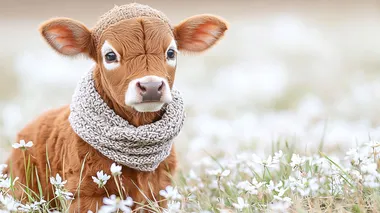 Highland cattle calf wearing knitted scarf and hat posing Delicate white flowers blooming in spring grass on white background Mocha Mousse color of year blurred background Stockphoto a copy space on the right side  colors