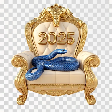 3D golden text "2025" with a blue snake on the royal throne on a white background, surreal, high definition.