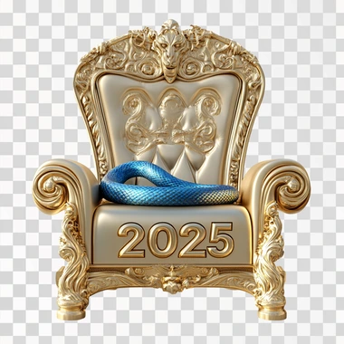 3D golden text "2025" with a blue snake on the royal throne on a white background, surreal, high definition.
