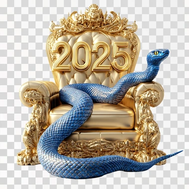 3D golden text "2025" with a blue snake on the royal throne on a white background, surreal, high definition.