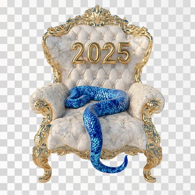 3D golden text "2025" with a blue snake on the royal throne on a white background, surreal, high definition.