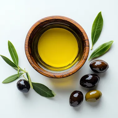 birdseye view of olive oil in a wooden bowl and a few olives placed outisde the bowl, set it up in a photographic and minimal way, add white background --s 250