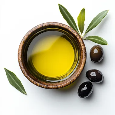 birdseye view of olive oil in a wooden bowl and a few olives placed outisde the bowl, set it up in a photographic and minimal way, add white background --s 250