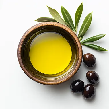birdseye view of olive oil in a wooden bowl and a few olives placed outisde the bowl, set it up in a photographic and minimal way, add white background --s 250