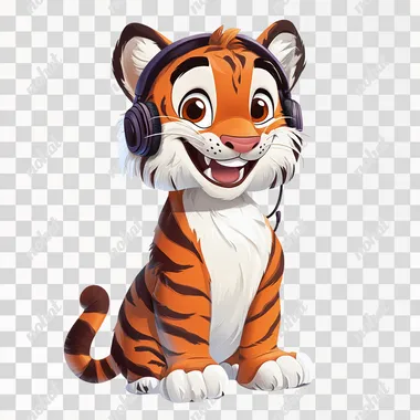 Create a full-body animated mascot of a tiger in the style of Pixar/Disney. The tiger should have a friendly and professional appearance, with a big smile and wearing headphones. The character should have expressive eyes, a dynamic pose, and detailed fur texture, embodying the whimsical and charming qualities typical of Pixar and Disney characters. Use a clean, white background to make the tiger mascot stand out clearly. Render the image in HDR with 4K resolution for high quality.