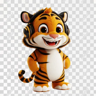 Create a full-body animated mascot of a tiger in the style of Pixar/Disney. The tiger should have a friendly and professional appearance, with a big smile and wearing headphones. The character should have expressive eyes, a dynamic pose, and detailed fur texture, embodying the whimsical and charming qualities typical of Pixar and Disney characters. Use a clean, white background to make the tiger mascot stand out clearly. Render the image in HDR with 4K resolution for high quality.
