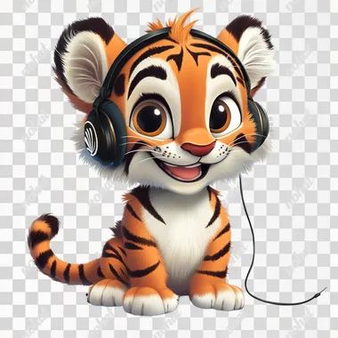 Create a full-body animated mascot of a tiger in the style of Pixar/Disney. The tiger should have a friendly and professional appearance, with a big smile and wearing headphones. The character should have expressive eyes, a dynamic pose, and detailed fur texture, embodying the whimsical and charming qualities typical of Pixar and Disney characters. Use a clean, white background to make the tiger mascot stand out clearly. Render the image in HDR with 4K resolution for high quality.
