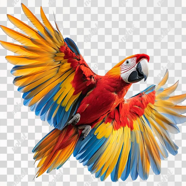 PNG Colorful macaw flying in tropical rainforest, wings spread wide