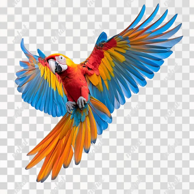 PNG Colorful macaw flying in tropical rainforest environment, vibrant and dynamic