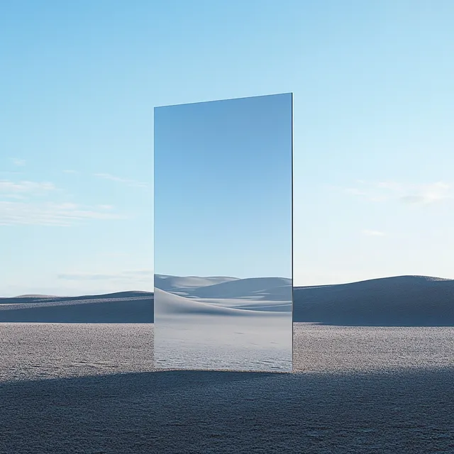 Rectangular Mirror in Desert Reflects Clear Sky, No People or Animals
