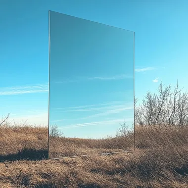 a rectangular mirror reflects a clear sky no people no animals