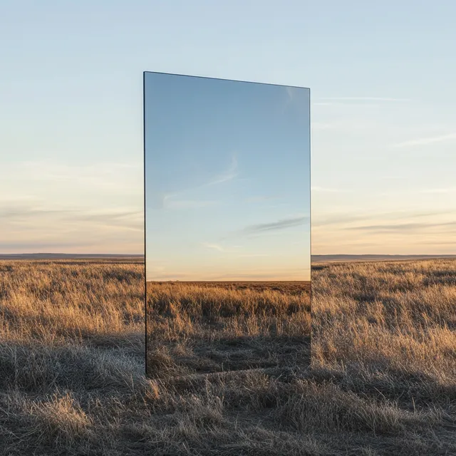 Rectangular Mirror Reflects Clear Sky in Open Field Landscape