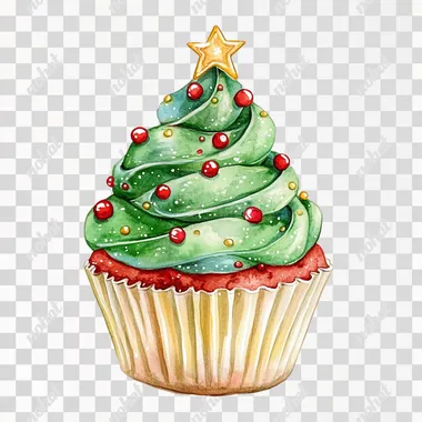 a Christmas-themed delicious cupcake decorated with Christmas tree shape frosting, a watercolor gouache style on a white background.