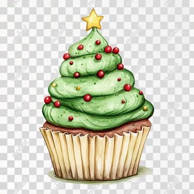 a Christmas-themed delicious cupcake decorated with Christmas tree shape frosting, a watercolor gouache style on a white background.