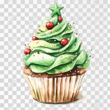 a Christmas-themed delicious cupcake decorated with Christmas tree shape frosting, a watercolor gouache style on a white background.