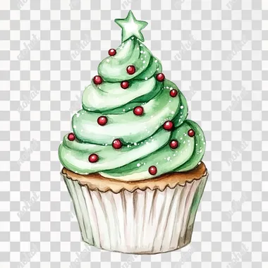 a Christmas-themed delicious cupcake decorated with Christmas tree shape frosting, a watercolor gouache style on a white background.