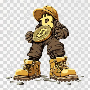 little man - golden Bitcoin with hands in gloves and feet in boots, cartoon style, black background