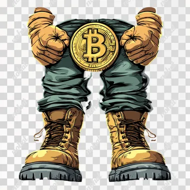 little man - golden Bitcoin with hands in gloves and feet in boots, cartoon style, black background