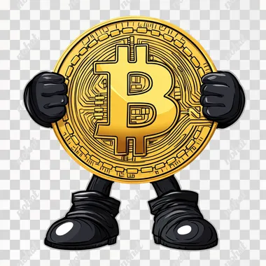 little man - golden Bitcoin with hands in gloves and feet in boots, cartoon style, black background