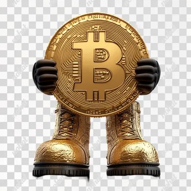 little man - golden Bitcoin with hands in gloves and feet in boots, cartoon style, black background