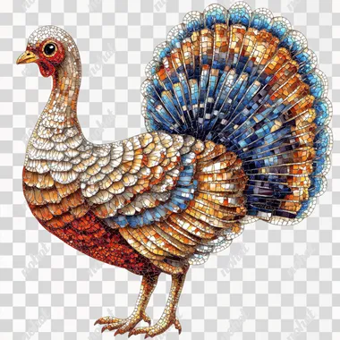 Mosaic-style turkey with glitter and sequins on white background, cute and colorful design for women's long sleeve t-shirt in the style of Kawaii art deco, hyper-realistic animal illustrations, light brown and blue, detailed character designs, embroidery, gemstones and diamonds materials