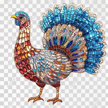 Mosaic-style turkey with glitter and sequins on white background, cute and colorful design for women's long sleeve t-shirt in the style of Kawaii art deco, hyper-realistic animal illustrations, light brown and blue, detailed character designs, embroidery, gemstones and diamonds materials