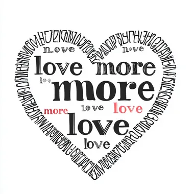 Design a Heart made up of words on white background. Heart says in 70s font: "love more love more love more love". Font is in black.
