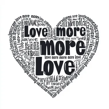 Design a Heart made up of words on white background. Heart says in 70s font: "love more love more love more love". Font is in black.