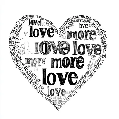 Design a Heart made up of words on white background. Heart says in 70s font: "love more love more love more love". Font is in black.