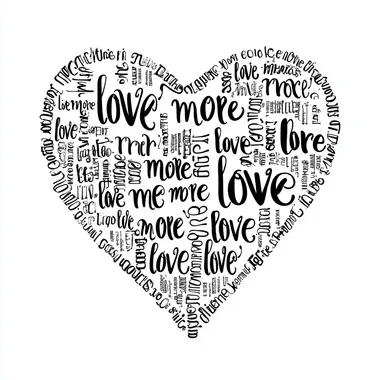 Design a Heart made up of words on white background. Heart says in 70s font: "love more love more love more love". Font is in black.