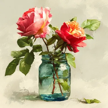 vintage style watercolor painting of pink and red roses in a glass jar, vintage style professional style,