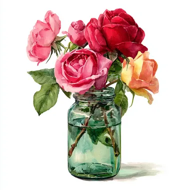 vintage style watercolor painting of pink and red roses in a glass jar, vintage style professional style,