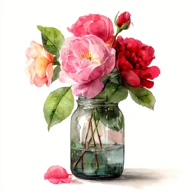 vintage style watercolor painting of pink and red roses in a glass jar, vintage style professional style,