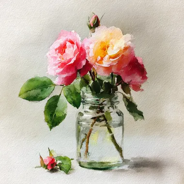 vintage style watercolor painting of pink and red roses in a glass jar, vintage style professional style,