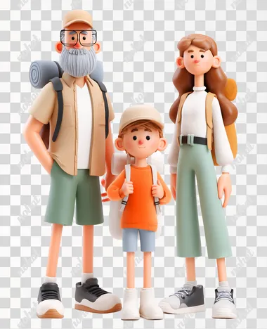 3d model characters hiking family colorful wholesome art white background happy hiking  --raw