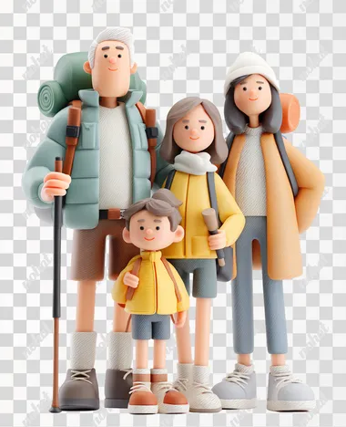 3d model characters hiking family colorful wholesome art white background happy hiking  --raw